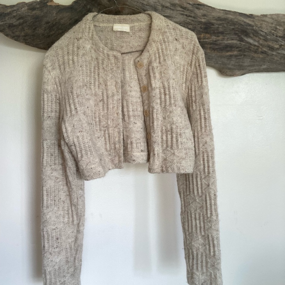Cream Cable Knit Cardigan Sweater Cropped Italian Wool